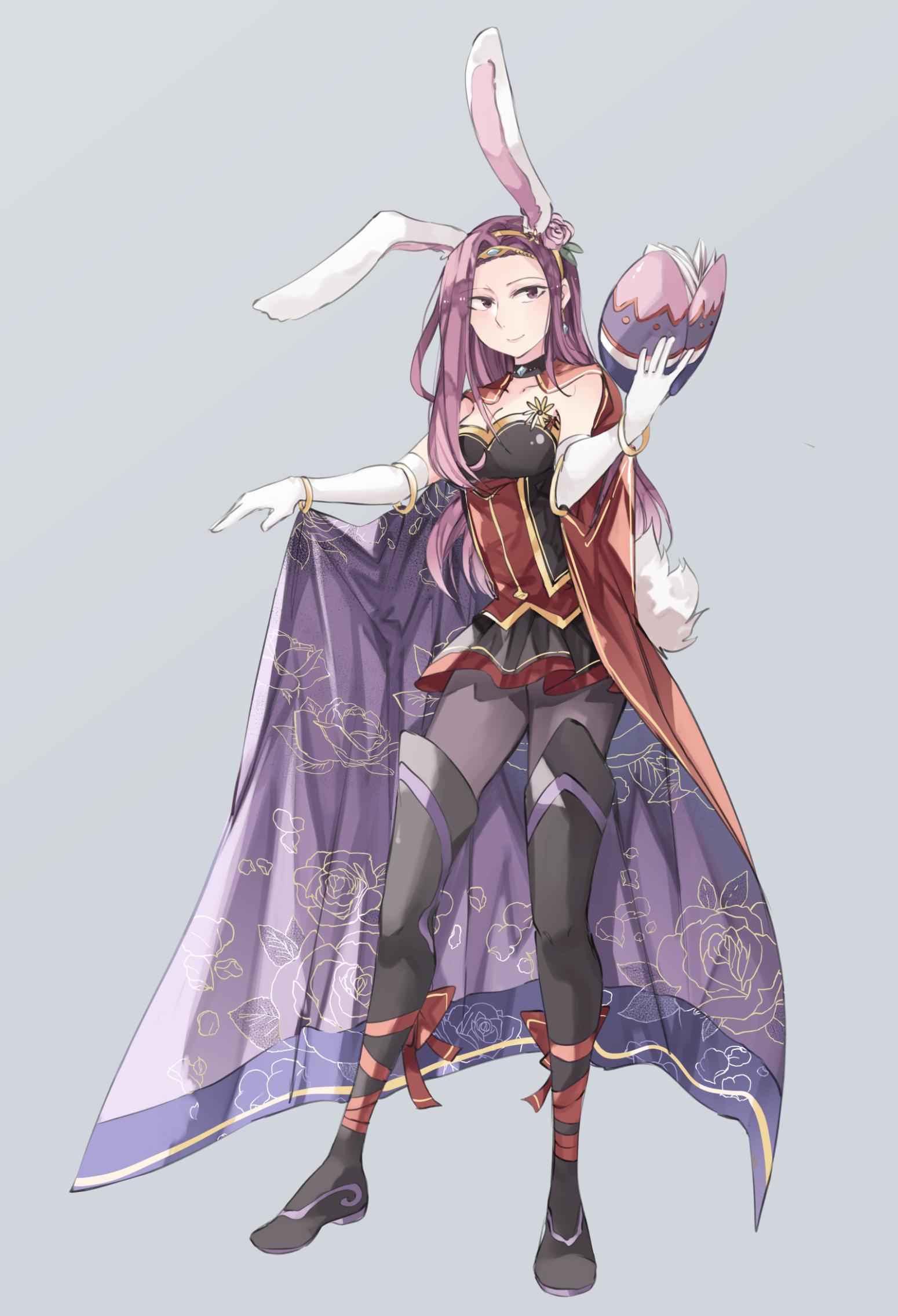 1girl alternate_costume animal_ears book bracelet breasts bunny_tail cleavage closed_mouth elbow_gloves fake_animal_ears fake_tail fire_emblem fire_emblem_echoes:_mou_hitori_no_eiyuuou fire_emblem_heroes full_body gloves highres holding holding_book jewelry long_hair nintendo open_book purple_hair rabbit_ears simple_background smile solo sonia_(fire_emblem_gaiden) standing tail violet_eyes white_gloves zyuno0