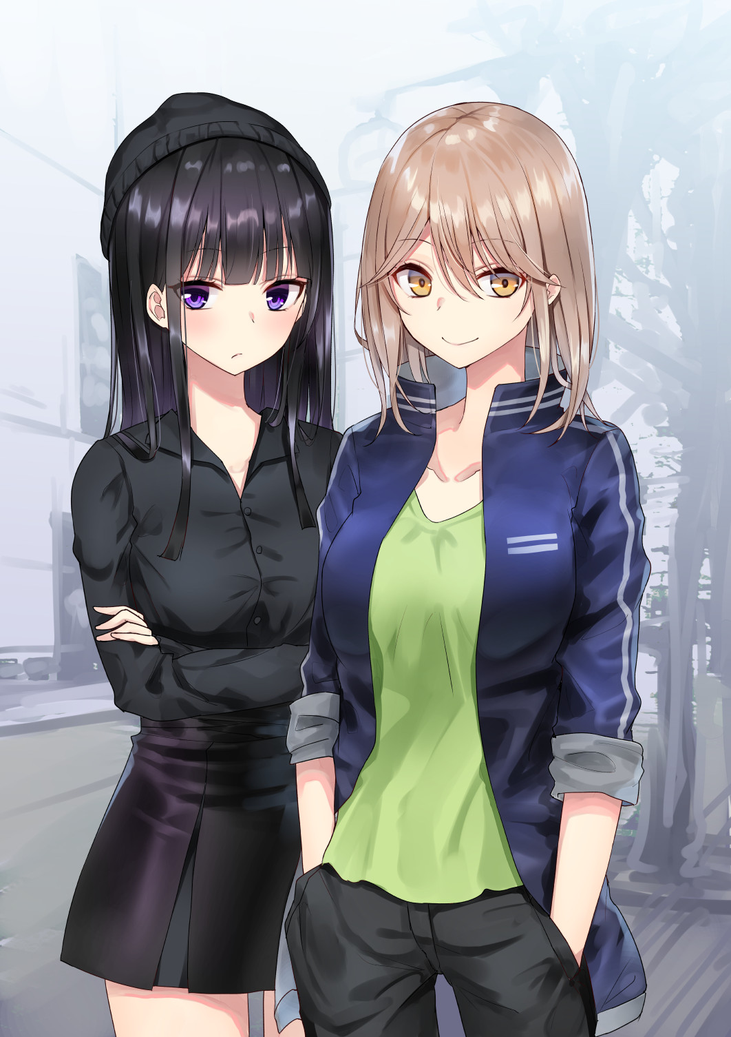 2girls bangs beanie black_hair black_hat black_pants black_shirt black_skirt blue_jacket breasts brown_eyes closed_mouth collarbone collared_shirt commentary_request cowboy_shot crossed_arms dress_shirt eyebrows_visible_through_hair green_shirt hair_between_eyes hands_in_pockets hat highres jacket light_brown_hair long_hair long_sleeves looking_at_viewer multiple_girls open_clothes open_jacket original outdoors pants piripun pleated_skirt shirt skirt small_breasts smile standing violet_eyes