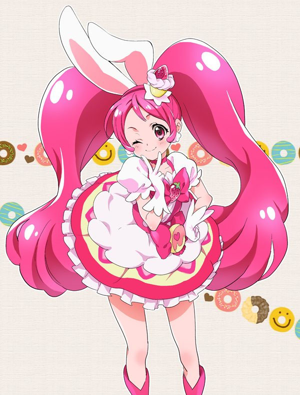 1girl ;) animal_ears boots cure_whip dress food_themed_hair_ornament gloves hair_ornament hand_on_hip kirakira_precure_a_la_mode magical_girl one_eye_closed pink_eyes pink_hair precure rabbit_ears smile strawberry_hair_ornament twintails usami_ichika v white_gloves zooya