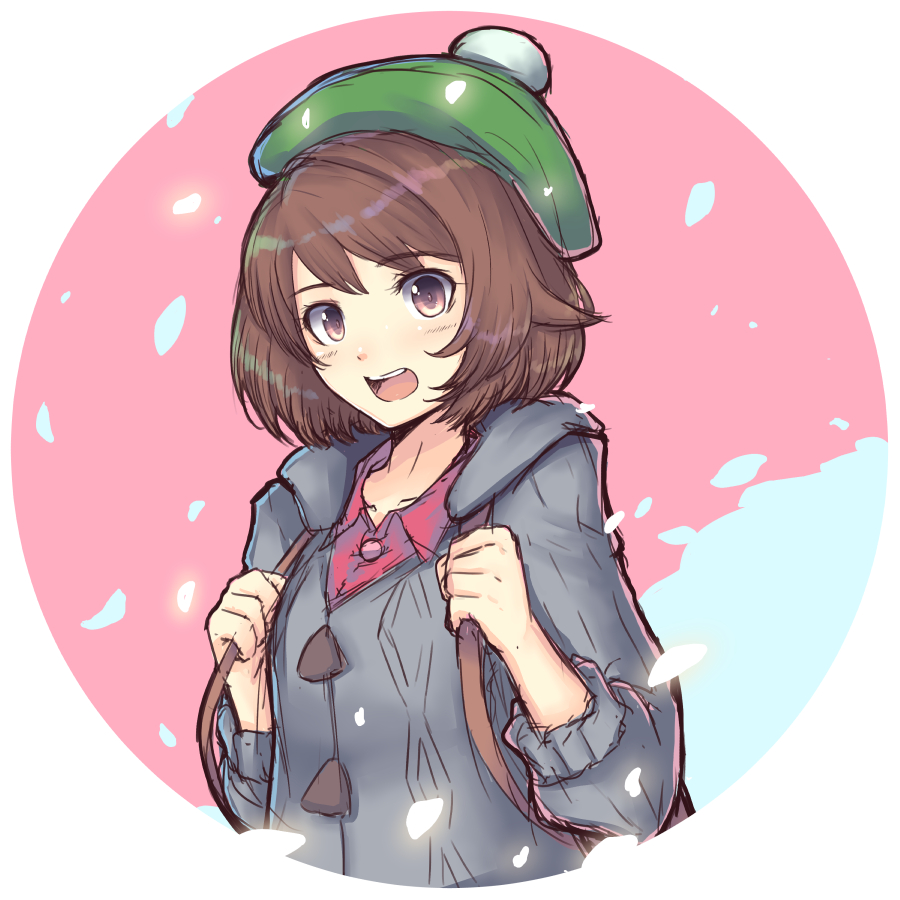 1girl :d backpack bag bangs blue_background blush bobblehat brown_hair cardigan cat_with_a_brush collared_shirt creatures_(company) eyebrows_visible_through_hair female_protagonist_(pokemon_swsh) game_freak green_hat grey_cardigan hat long_sleeves looking_at_viewer nintendo open_mouth pink_background pink_shirt pokemon pokemon_(game) pokemon_swsh round_teeth shirt short_hair smile solo teeth two-tone_background upper_body upper_teeth violet_eyes