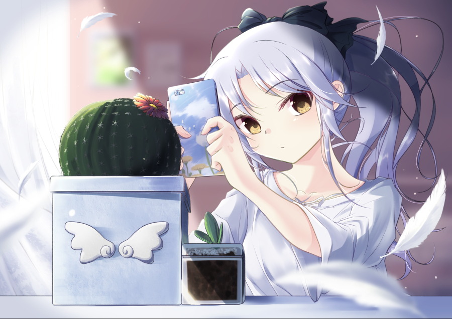 1girl angel_beats! black_bow bow brown_eyes collarbone eyebrows_visible_through_hair floating_hair hair_bow head_tilt holding holding_phone indoors long_hair phone ponytail shiny shiny_hair shirt short_sleeves silver_hair solo tagame_(tagamecat) taking_picture tachibana_kanade upper_body white_feathers white_shirt