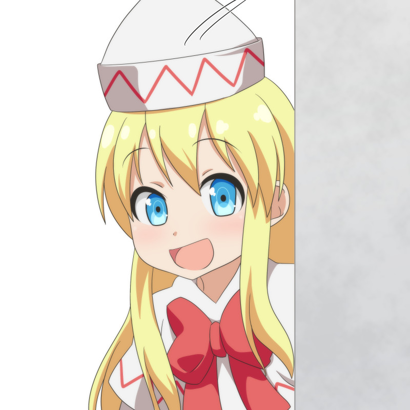 1girl :d blonde_hair blue_eyes bow cato_(monocatienus) commentary_request dress eyebrows_visible_through_hair hair_between_eyes hat light_blush lily_white long_hair looking_at_viewer motion_lines open_mouth peeking_out red_bow red_neckwear sidelocks simple_background smile solo standing touhou upper_body very_long_hair wall white_background white_dress white_hat