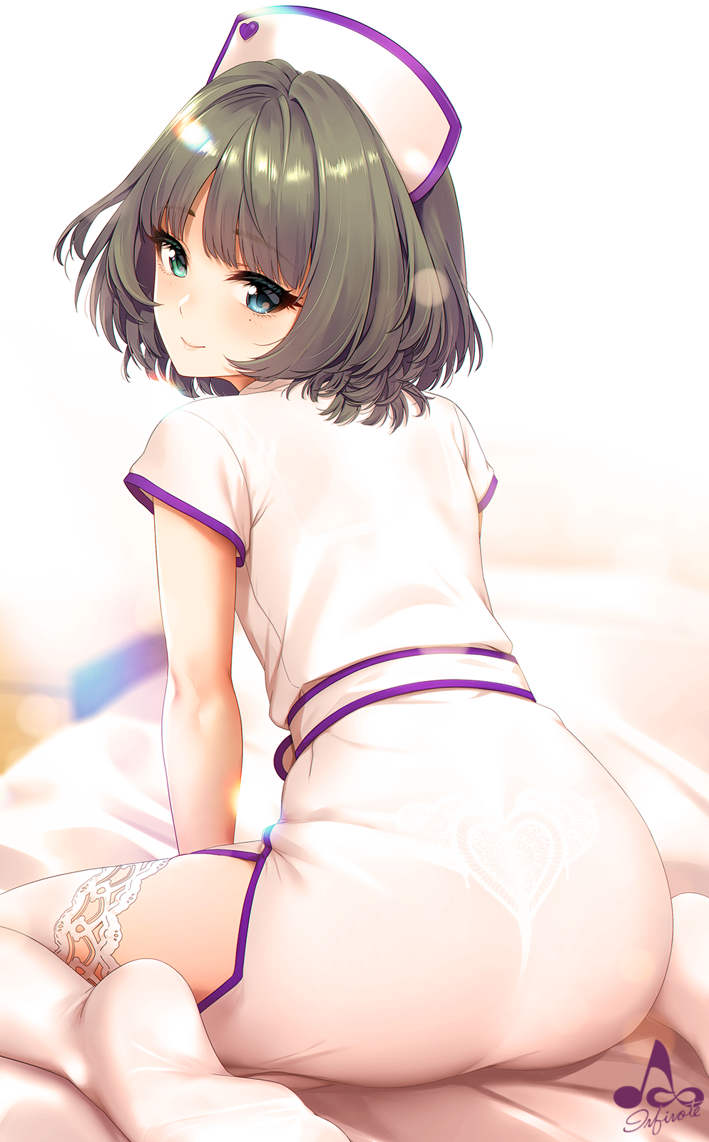 1girl artist_name bangs bed_sheet belt blue_eyes blush bra brown_hair dress eyebrows_visible_through_hair from_behind green_eyes hat heart heterochromia highres idolmaster idolmaster_cinderella_girls infinote lingerie looking_at_viewer looking_back mole mole_under_eye nurse nurse_cap panties see-through short_hair sitting smile solo takagaki_kaede thigh-highs underwear wariza white_bra white_dress white_legwear white_panties