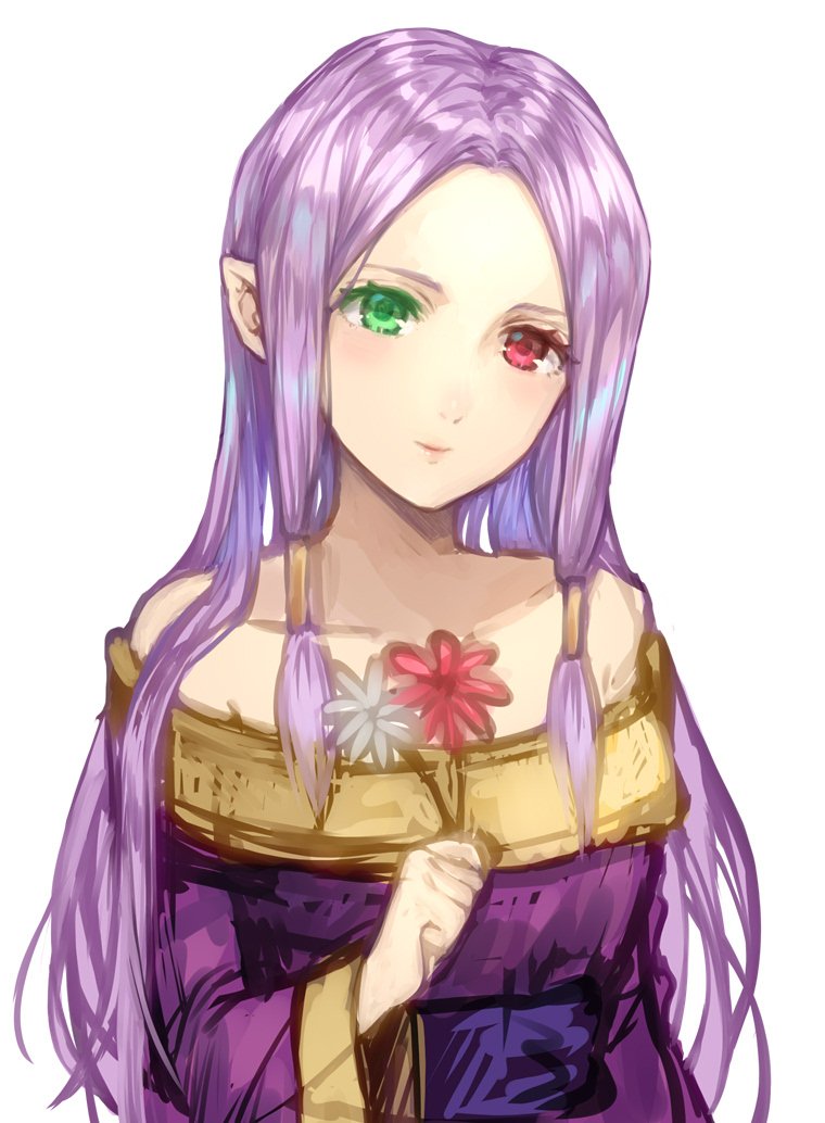 1girl closed_mouth dress fire_emblem fire_emblem:_fuuin_no_tsurugi flower green_eyes heterochromia holding holding_flower idoun jurge long_hair long_sleeves mamkute nintendo pointy_ears purple_hair red_eyes sidelocks simple_background smile solo strapless strapless_dress upper_body white_background wide_sleeves