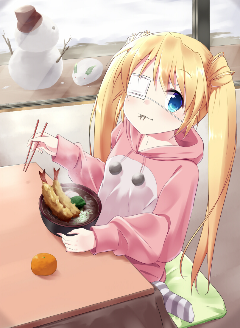 1girl blonde_hair blue_eyes chopsticks eating eyepatch food fruit holding holding_chopsticks hood hood_down hooded_sweater indoors kotatsu long_hair long_sleeves looking_at_viewer mandarin_orange nakatsu_shizuru noodles pink_sweater ramen rewrite sitting smile snowman solo striped striped_legwear sweater table tagame_(tagamecat) twintails under_kotatsu under_table very_long_hair wariza