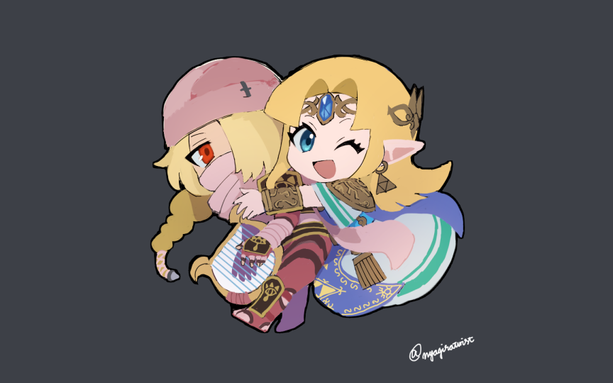 2girls androgynous bandage blonde_hair blue_eyes braid chibi dark_skin dual_persona earrings gloves hat hug jewelry long_hair looking_at_viewer mask multiple_girls nintendo nyagiratwist one_eye_closed pointy_ears ponytail princess_zelda red_eyes reverse_trap sheik simple_background smile super_smash_bros. super_smash_bros._ultimate surcoat the_legend_of_zelda the_legend_of_zelda:_a_link_between_worlds the_legend_of_zelda:_breath_of_the_wild the_legend_of_zelda:_ocarina_of_time tiara