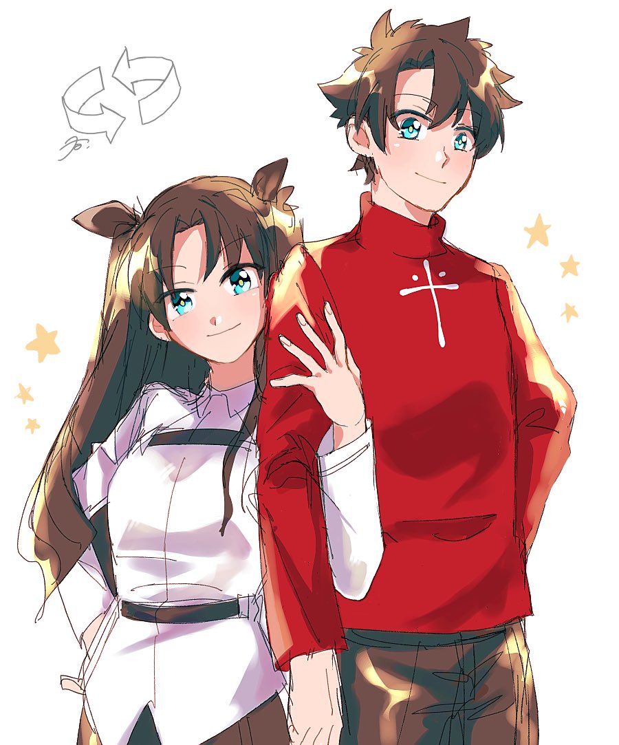 1boy 1girl bangs black_hair black_legwear blue_eyes brown_hair chaldea_uniform cosplay costume_switch fate/grand_order fate/stay_night fate_(series) fujimaru_ritsuka_(male) hair_ribbon locked_arms long_legs long_sleeves ribbon smile tohsaka_rin turtleneck yunomi_(22_00ynm)