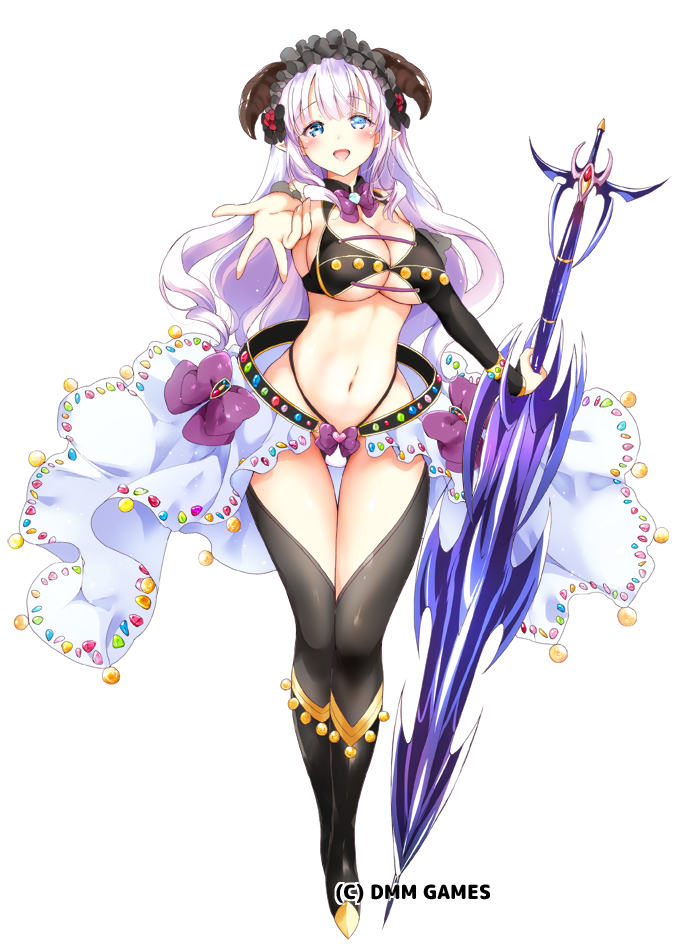 1girl bangs black_bow black_footwear black_legwear blue_eyes blush bow bracelet breasts cleavage full_body hair_bow horns jewelry kurimomo large_breasts legs_together looking_at_viewer midriff navel outstretched_hand purple_bow sennen_sensou_aigis skirt smile solo sword thigh-highs thigh_gap weapon white_hair white_skirt