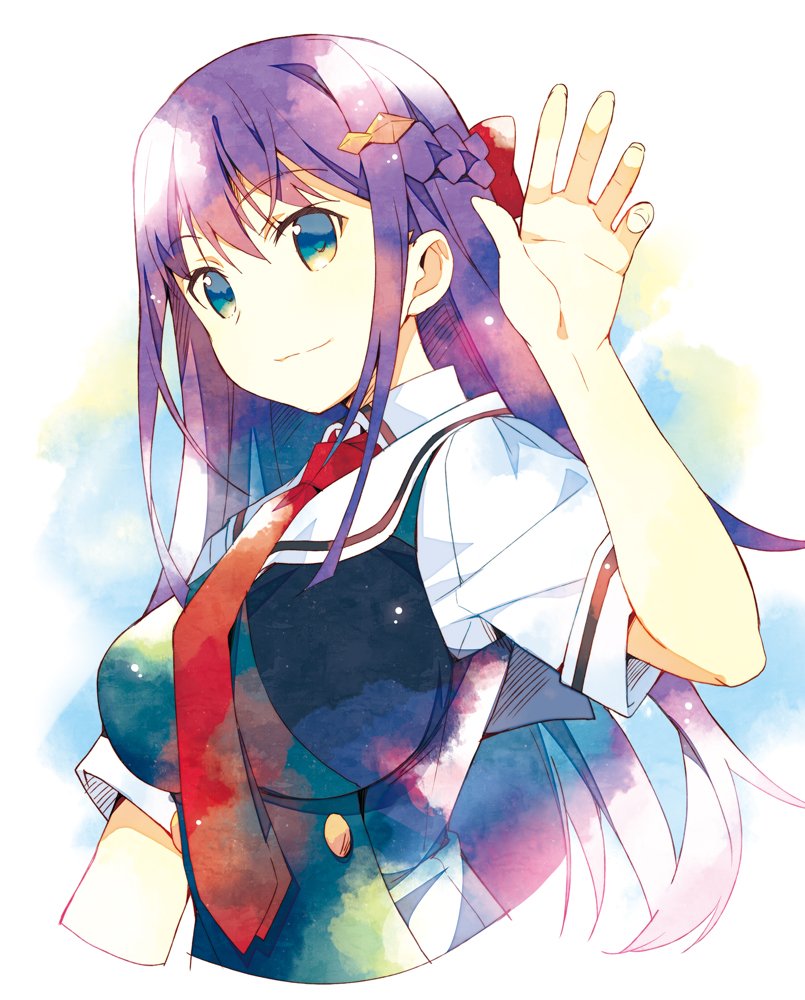 1girl arm_up bangs blue_eyes blue_vest bow braid breasts collared_shirt commentary_request cropped_torso eyebrows_visible_through_hair fingernails fukami_rena grisaia_(series) grisaia_phantom_trigger hair_between_eyes hair_bow hair_ornament large_breasts long_hair meito_(maze) necktie purple_hair red_bow red_neckwear sailor_collar school_uniform serafuku shirt short_sleeves solo upper_body very_long_hair vest white_sailor_collar white_shirt