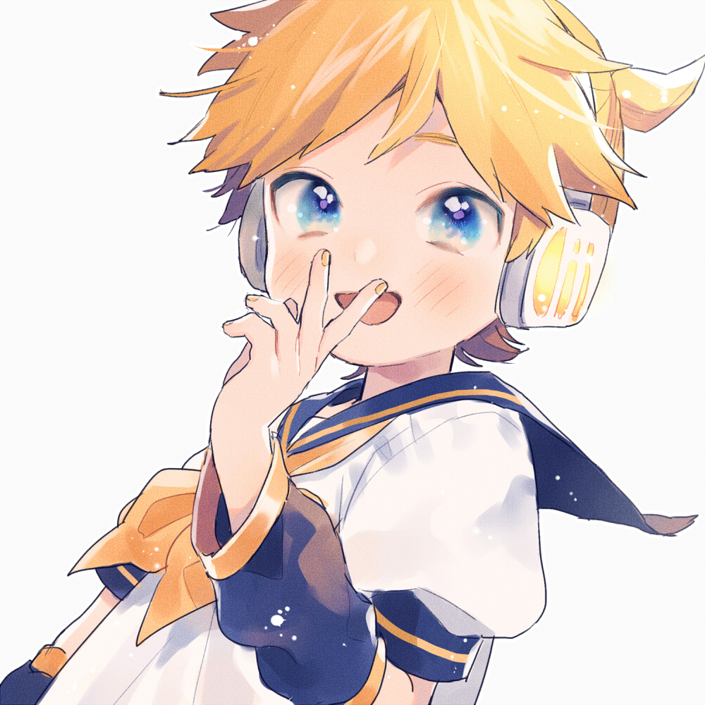 1boy :d arm_at_side blonde_hair blue_eyes blush detached_sleeves fingernails hand_to_own_mouth headset kagamine_len kouhara_yuyu looking_at_viewer male_focus nail_polish open_mouth puffy_short_sleeves puffy_sleeves ribbon sailor_collar shirt short_hair short_sleeves simple_background smile upper_body vocaloid white_background white_shirt yellow_nails yellow_neckwear yellow_ribbon