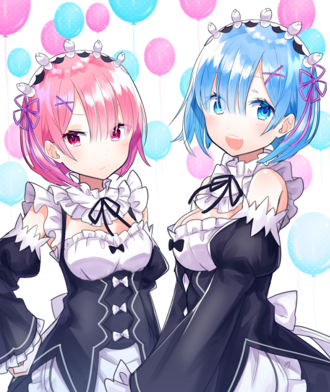 2girls :d apron balloon bangs bare_shoulders black_bow black_dress black_ribbon blue_eyes blue_hair blush bow breasts cleavage closed_mouth commentary_request detached_collar detached_sleeves dress frilled_apron frilled_sleeves frills frown hair_ornament hair_over_one_eye hand_on_hip haruyuki_14 headdress juliet_sleeves long_sleeves looking_at_viewer maid maid_apron medium_breasts multiple_girls open_mouth pink_hair puffy_sleeves ram_(re:zero) re:zero_kara_hajimeru_isekai_seikatsu red_eyes rem_(re:zero) ribbon short_hair sidelocks smile standing upper_body v-shaped_eyebrows white_apron white_background white_bow wide_sleeves x_hair_ornament