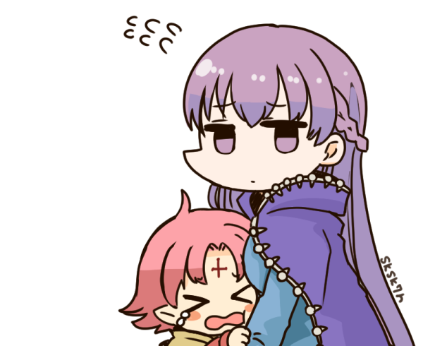 &gt;_&lt; 2girls artist_name blush_stickers cape crying fa facial_mark fire_emblem fire_emblem:_fuuin_no_tsurugi forehead_mark long_hair long_sleeves mamkute multiple_girls nintendo open_mouth pointy_ears purple_hair short_hair simple_background sksk7r sofiya violet_eyes white_background