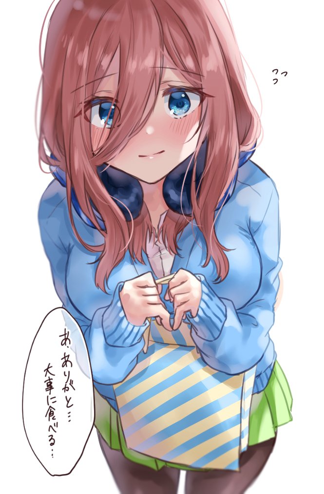 1girl bag black_legwear blue_cardigan blue_eyes blush brown_hair cardigan commentary_request flying_sweatdrops go-toubun_no_hanayome green_skirt hair_between_eyes headphones headphones_around_neck holding holding_bag leaning_forward long_hair long_sleeves looking_at_viewer miniskirt minori_748 nakano_miku pantyhose pleated_skirt simple_background skirt smile solo translation_request white_background white_day