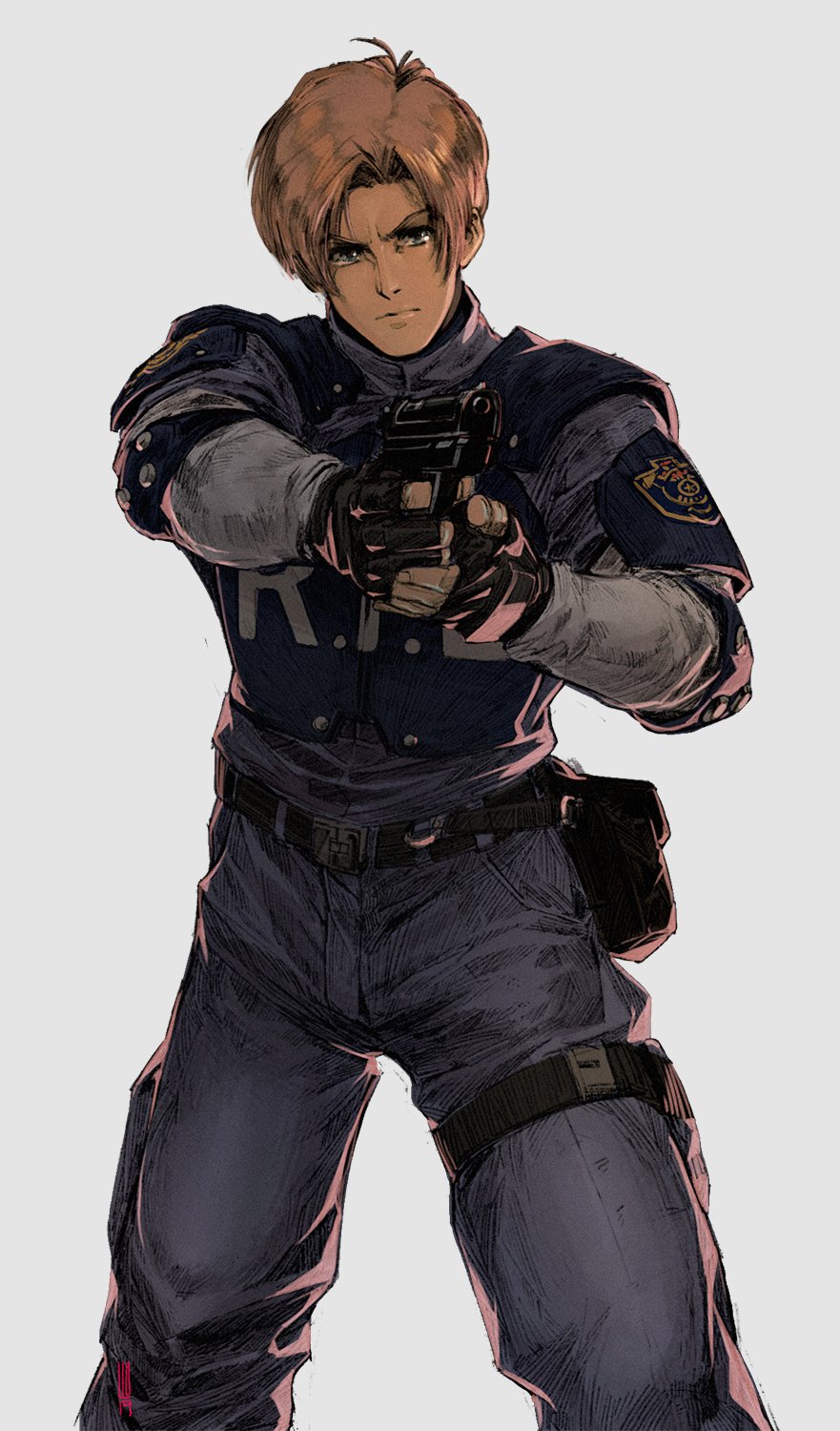 1boy 90s aiming armor belt big_hair blue_eyes brown_hair bulletproof_vest closed_mouth commentary david_liu elbow_pads english_commentary feet_out_of_frame fingerless_gloves gloves grey_background gun handgun highres holding holding_gun holding_weapon leon_s_kennedy looking_at_viewer pistol police police_badge police_uniform policeman pouch resident_evil resident_evil_2 serious short_hair shoulder_pads simple_background solo standing uniform weapon