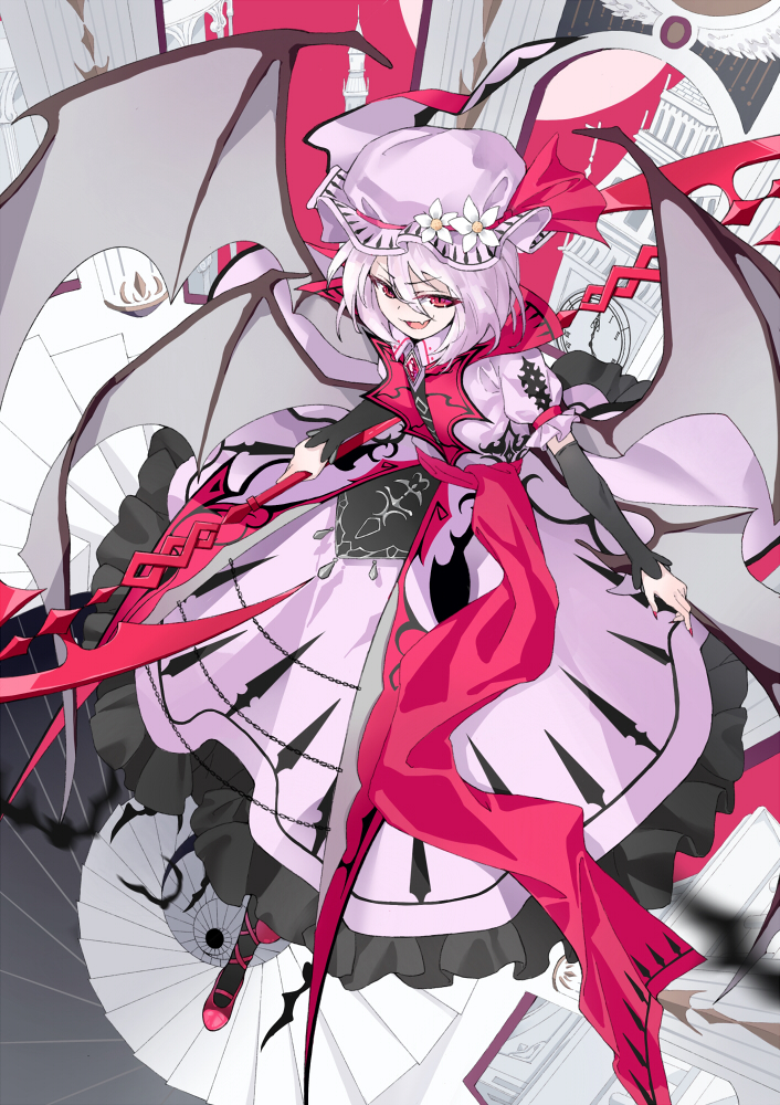 1girl bat_wings black_legwear black_nails black_sleeves clock clock_tower commentary_request dress eyebrows_visible_through_hair fang flower from_above ginklaga hat holding holding_spear holding_weapon jewelry long_dress nail_polish pink_footwear pink_ribbon polearm puffy_short_sleeves puffy_sleeves red_eyes remilia_scarlet ribbon short_hair short_sleeves smile solo spear stairs touhou tower weapon white_hair white_hat wings