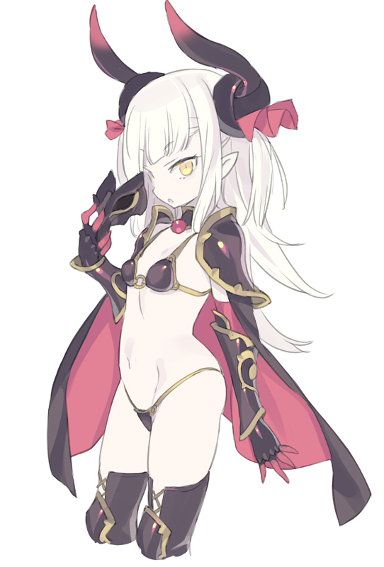 1girl :o armor bikini bikini_armor black_bikini black_cape black_legwear blade_(galaxist) breasts cape carmilla_(fate/grand_order) cropped_legs cross-laced_footwear dragon_horns elizabeth_bathory_(brave)_(fate) elizabeth_bathory_(fate)_(all) eyebrows_visible_through_hair fate/grand_order fate_(series) gauntlets greaves hair_ribbon holding holding_mask horns long_hair looking_at_viewer mask mask_removed multicolored multicolored_cape multicolored_clothes navel o-ring o-ring_bikini o-ring_top original parted_lips pauldrons pointy_ears red_cape red_ribbon ribbon sidelocks simple_background small_breasts solo swimsuit thigh-highs two_side_up white_background white_hair yellow_eyes