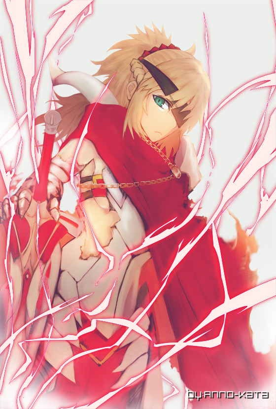 1girl annokata armor artist_name blonde_hair breasts cape commentary_request energy eyepatch fate/apocrypha fate/grand_order fate_(series) frown gauntlets green_eyes holding holding_sword holding_weapon looking_at_viewer mordred_(fate) mordred_(fate)_(all) ponytail red_scrunchie scrunchie short_hair simple_background small_breasts solo sword torn_clothes weapon