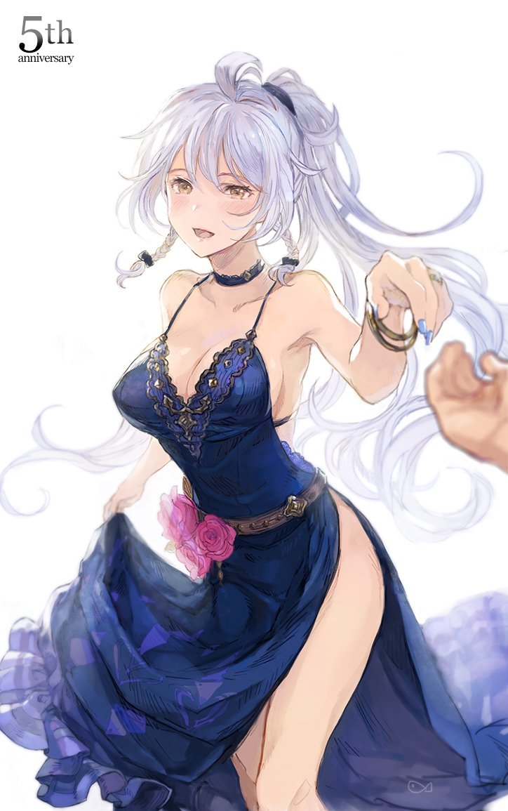 1girl :d ahoge bangs bare_arms bare_shoulders belt blue_choker blue_dress blush braid breasts choker cleavage collarbone commentary_request dress dress_lift eyebrows_visible_through_hair flower granblue_fantasy hair_between_eyes hair_over_shoulder large_breasts lifted_by_self long_hair open_mouth out_of_frame pink_flower pink_rose ponytail pov pov_hands reaching_out rose sabanobori side_slit signature silva_(granblue_fantasy) silver_hair smile solo_focus standing twin_braids very_long_hair wavy_hair yellow_eyes