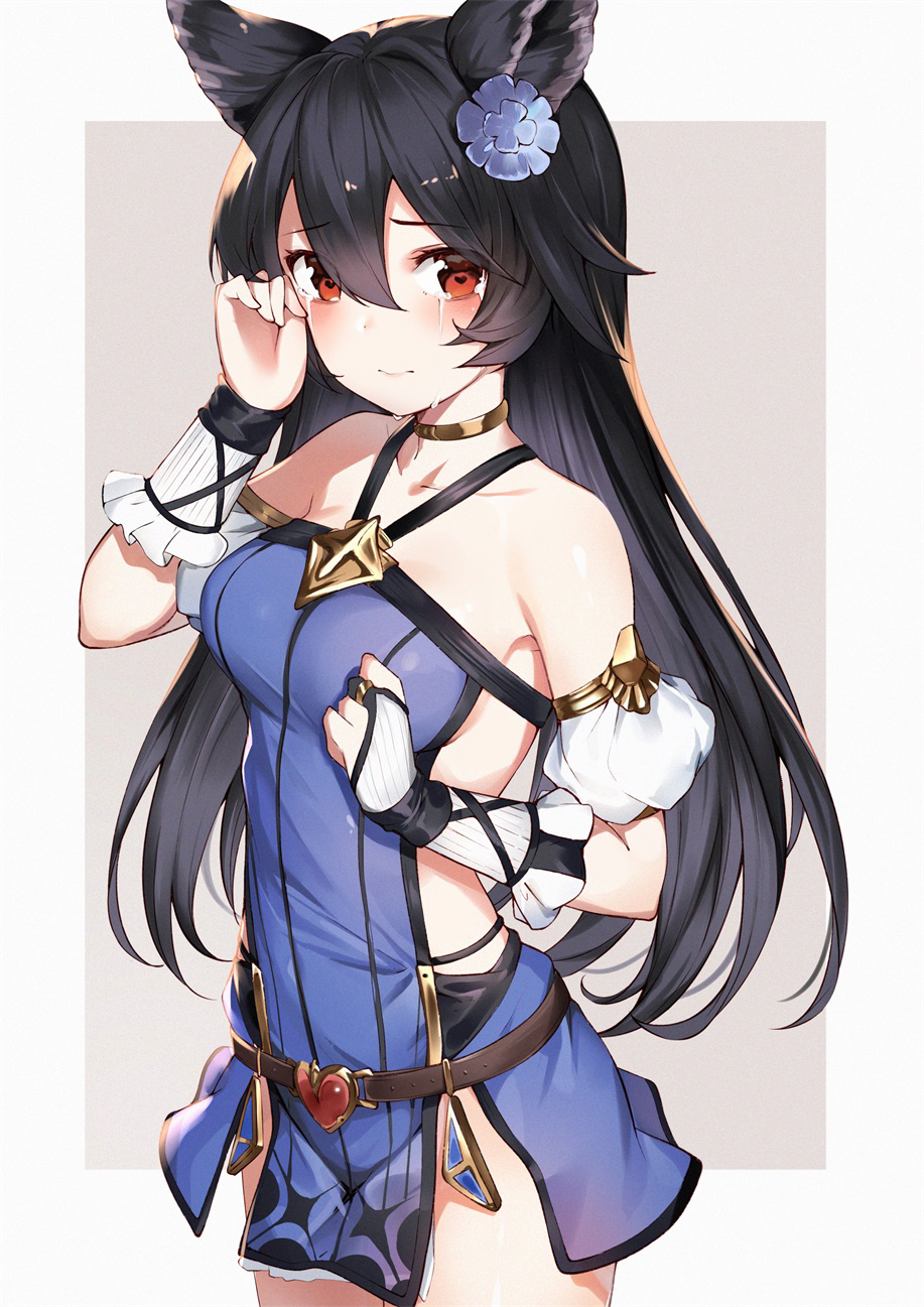 1girl animal_ears bangs bare_shoulders belt belt_buckle black_hair blue_dress blue_flower blush bridal_gauntlets brown_background brown_belt buckle collarbone commentary_request cowboy_shot crying crying_with_eyes_open dress erune eyebrows_visible_through_hair flower gin00 granblue_fantasy grey_background hair_between_eyes hair_flower hair_ornament halterneck hand_up heart_buckle highres long_hair looking_at_viewer niia red_eyes solo tears two-tone_background very_long_hair wiping_tears