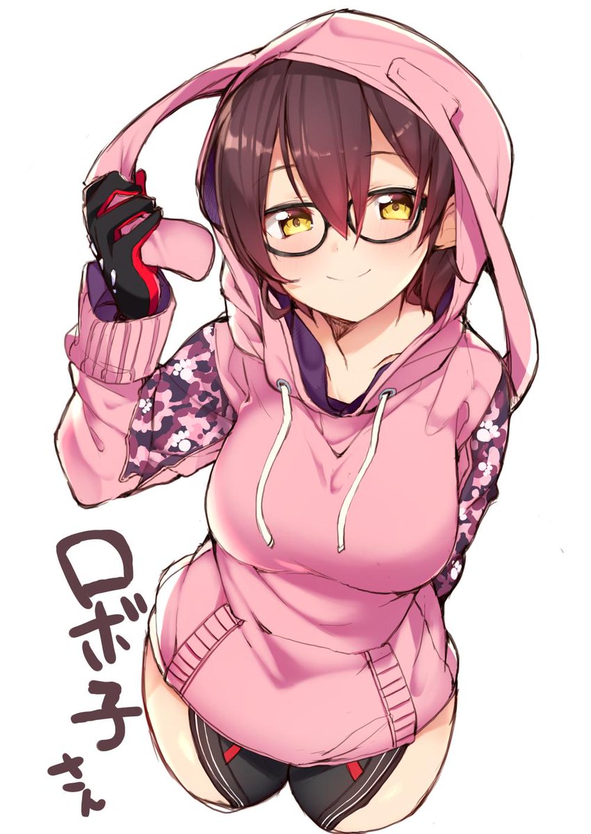 1girl animal_hood arm_behind_back black-framed_eyewear black_gloves blush breasts bunny_hood closed_mouth cropped_legs drawstring eyebrows_visible_through_hair from_above glasses gloves hair_between_eyes haruyuki_(yukichasoba) highres hood hood_up hoodie large_breasts long_sleeves looking_at_viewer looking_up original paw_print purple_hair short_hair simple_background smile solo translated white_background yellow_eyes