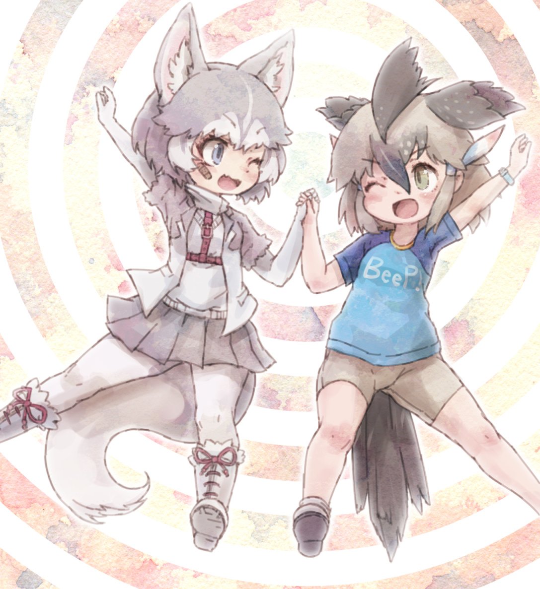 2girls animal_ears bandaid bike_shorts bird_tail bird_wings blue_eyes boots bracelet commentary_request dog_(mixed_breed)_(kemono_friends) dog_ears dog_tail elbow_gloves eyebrows_visible_through_hair fang fur_trim gloves greater_roadrunner_(kemono_friends) green_eyes grey_hair hand_holding harness head_wings jacket jewelry jumping kemono_friends kolshica midair multicolored_hair multiple_girls one_eye_closed open_mouth pantyhose pleated_skirt shirt shoes short_hair short_sleeves skirt sneakers t-shirt tail vest wings