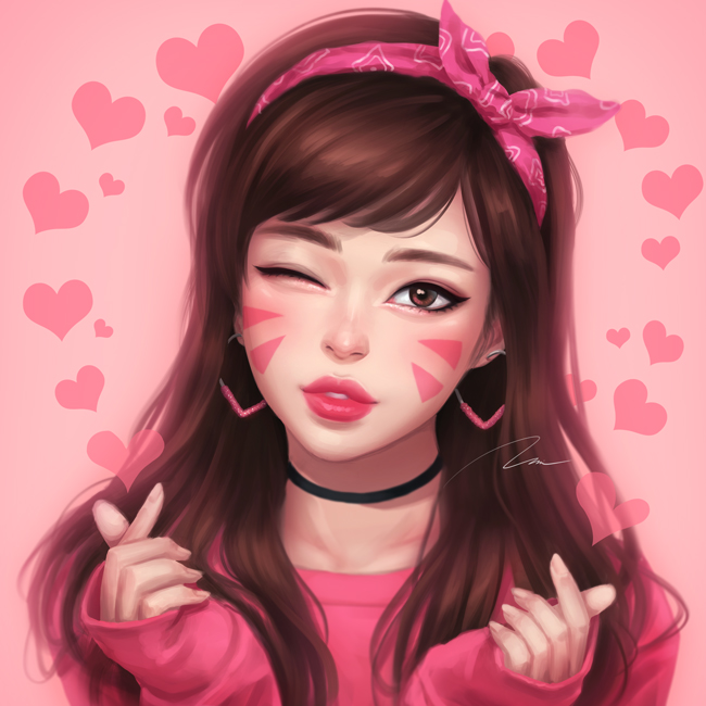 1girl bangs black_choker brown_eyes brown_hair choker close-up d.va_(overwatch) earrings face facepaint hairband heart heart_earrings jewelry lips long_hair looking_at_viewer one_eye_closed overwatch parted_lips pink_background red_lips sleeves_past_wrists solo swept_bangs umigraphics whisker_markings