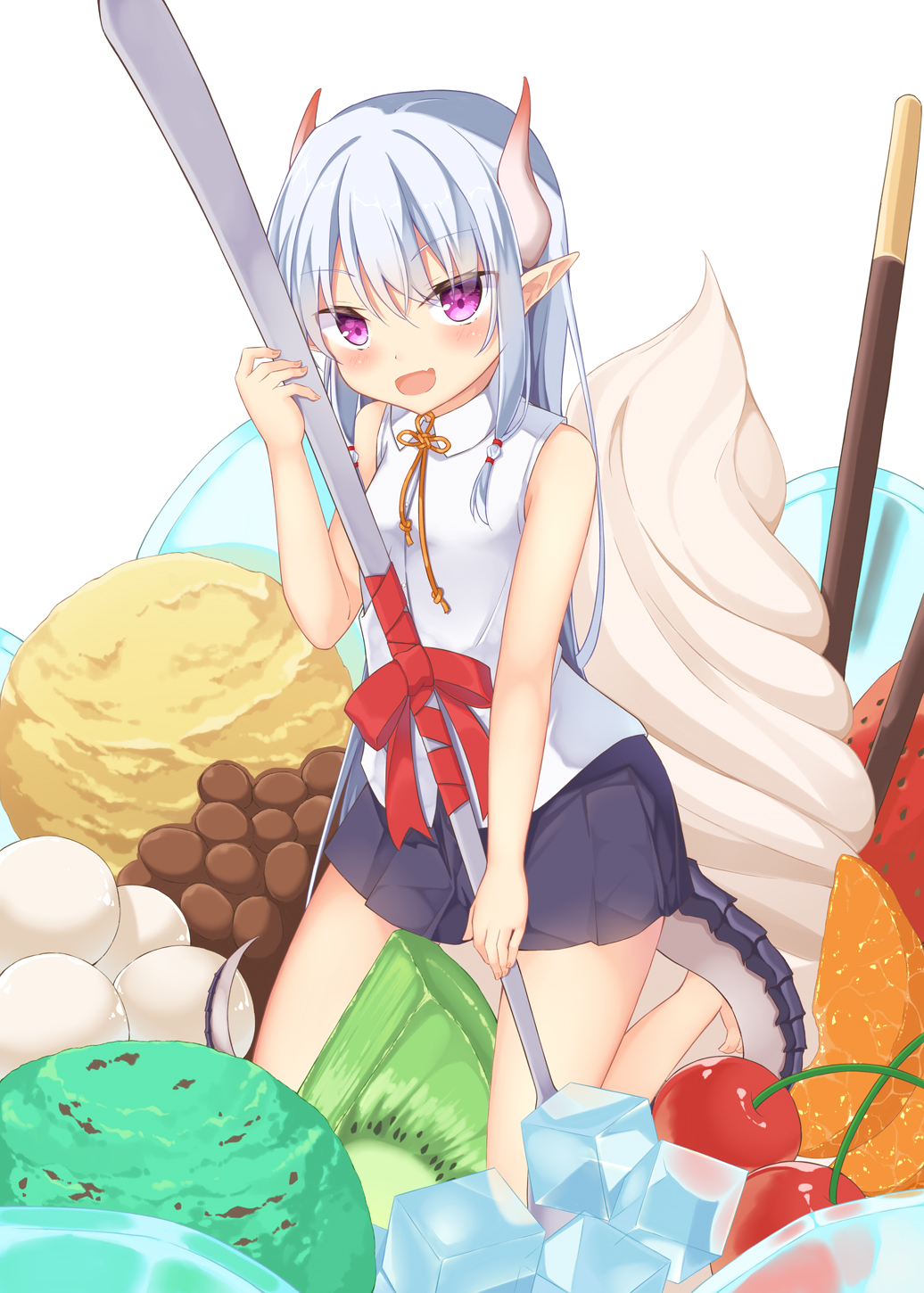 1girl :d aroma0501 bangs bare_arms bare_shoulders blue_skirt blush bow breasts cherry collared_shirt cream dragon_girl dragon_horns dragon_tail eyebrows_visible_through_hair fang fingernails food fruit hair_between_eyes highres holding holding_spoon horns ice ice_cream ice_cube in_food kiwi_slice kiwifruit kneeling long_hair minigirl open_mouth original pink_eyes pleated_skirt pocky pointy_ears red_bow shirt silver_hair simple_background skirt sleeveless sleeveless_shirt small_breasts smile solo spoon strawberry tail v-shaped_eyebrows very_long_hair white_background white_shirt