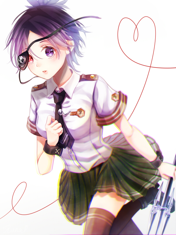 1girl breasts chrome_dokuro commentary_request eyepatch katekyo_hitman_reborn looking_at_viewer painttool_sai purple_hair short_hair simple_background skirt solo toki_runa violet_eyes white_background