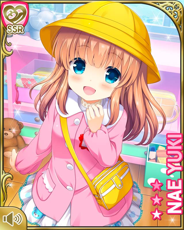 1girl bag blue_eyes blush brown_hair character_name girlfriend_(kari) hand_to_own_mouth hat kindergarten_uniform long_hair official_art open_mouth pink_shirt print_skirt qp:flapper school_hat shirt skirt smile solo stuffed_animal stuffed_toy teddy_bear white_skirt yellow_hat yuuki_nae