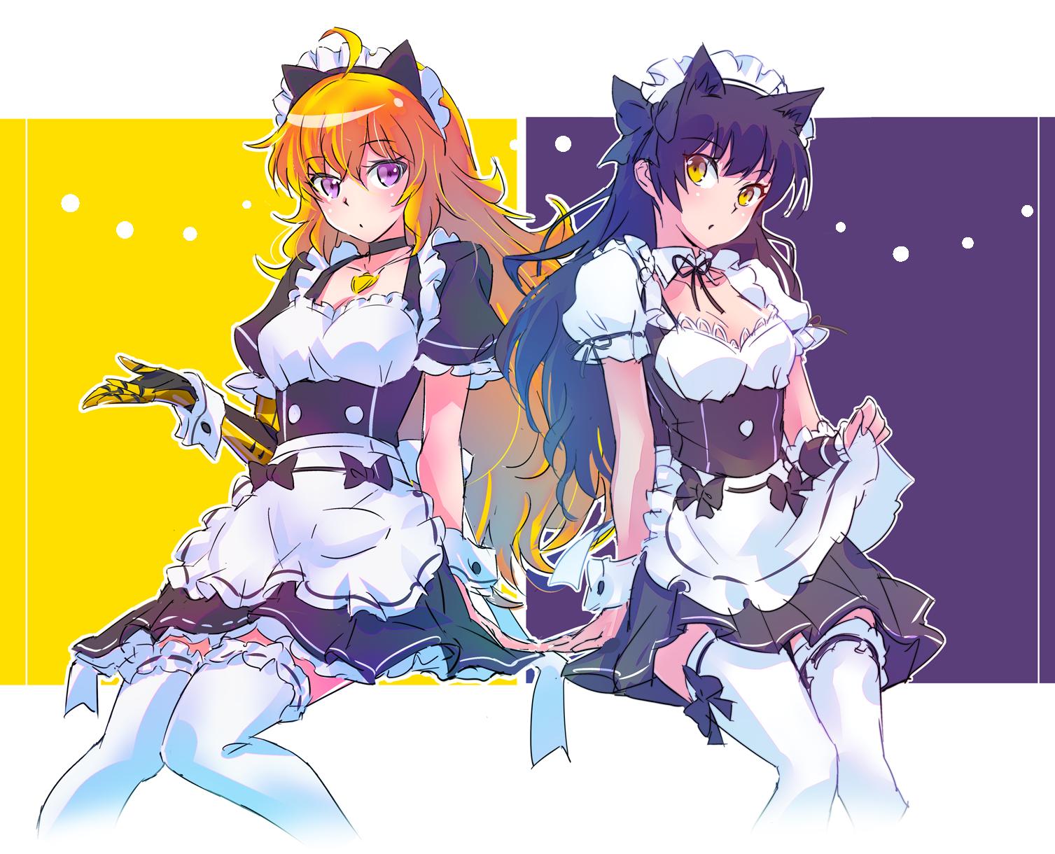 2girls alternate_costume animal_ears apron black_dress black_hair blake_belladonna blonde_hair bow bowtie cat_ears choker commentary_request detached_collar dress enmaided fake_animal_ears frilled_apron frills hair_bow highres iesupa jewelry long_hair maid maid_apron maid_headdress multiple_girls pendant prosthesis prosthetic_arm puffy_short_sleeves puffy_sleeves ribbon rwby short_sleeves skirt solo thigh-highs violet_eyes waist_apron wavy_hair white_apron white_legwear wrist_cuffs yang_xiao_long yellow_eyes