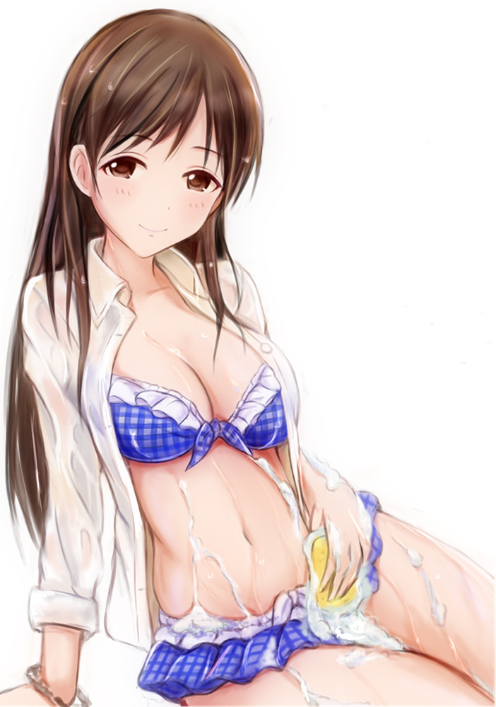 1girl arm_support bangs bikini bikini_under_clothes blue_bikini blush breasts brown_eyes brown_hair cleavage closed_mouth collared_shirt dress_shirt eyebrows_visible_through_hair frilled_bikini frills idolmaster idolmaster_cinderella_girls leaning_to_the_side long_hair long_sleeves looking_at_viewer medium_breasts nannacy7 navel nitta_minami shirt sitting smile soap solo sponge stomach swimsuit unbuttoned unbuttoned_shirt water wet wet_clothes wet_shirt white_shirt wristband