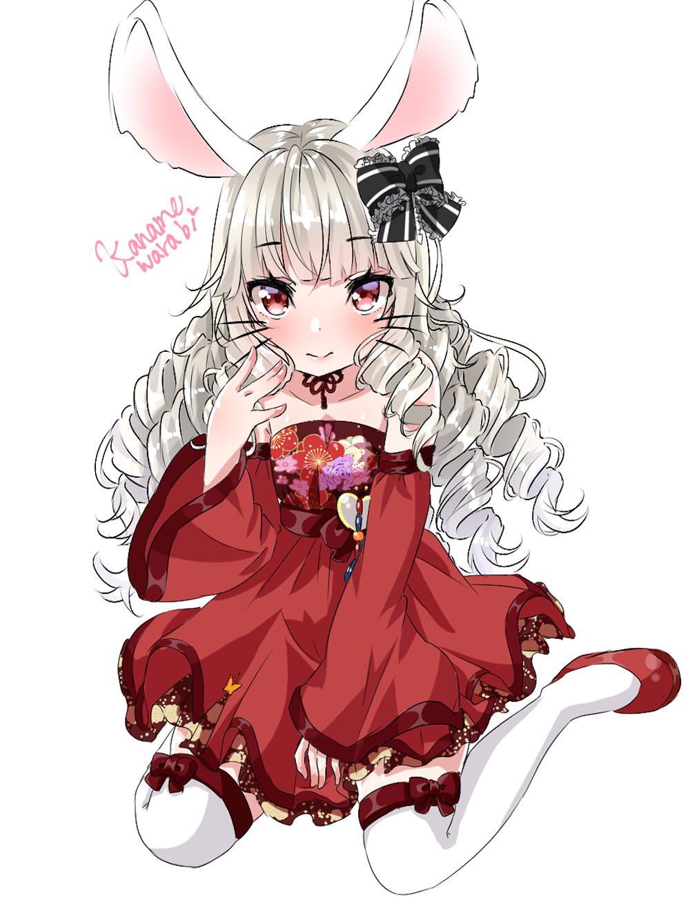 1girl animal_ears artist_name bow brown_hair curly_hair detached_sleeves dress elin_(tera) floral_print hair_bow hand_to_own_mouth highres kaname_warabi long_hair print_dress rabbit_ears red_dress red_eyes red_footwear ribbon sash shoes short_dress simple_background sitting solo strapless strapless_dress tera_online thigh-highs whiskers white_background white_legwear