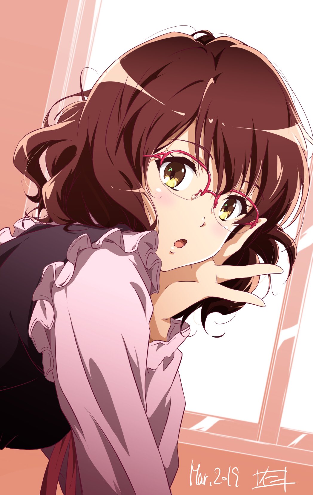 1girl 2019 brown_eyes brown_hair dated hibike!_euphonium highres indoors long_sleeves looking_at_viewer neck_ribbon nii_manabu open_mouth oumae_kumiko over-rim_eyewear red_ribbon ribbon semi-rimless_eyewear shirt short_hair solo white_shirt