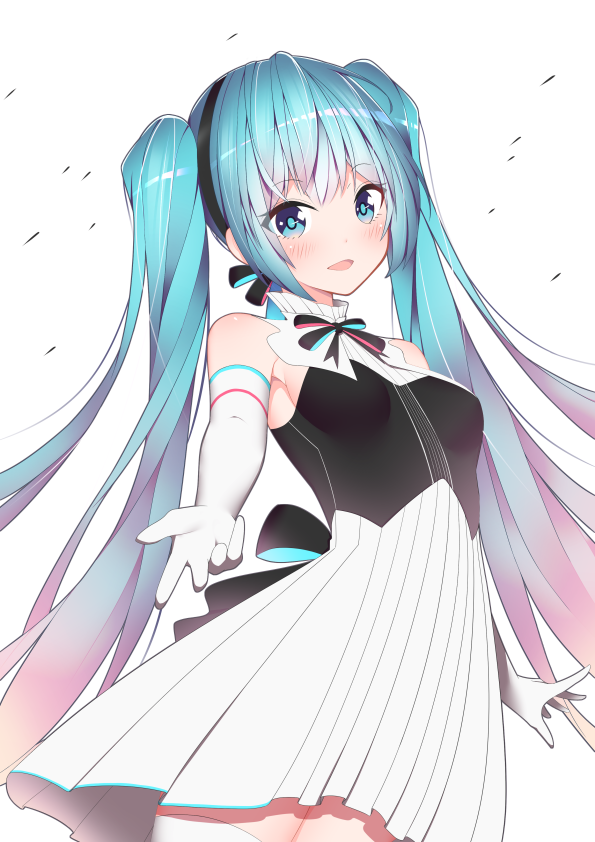 1girl aqua_hair black_hairband black_neckwear blush breasts commentary_request dot_nose dress elbow_gloves eyebrows_visible_through_hair giryu gloves hairband hatsune_miku long_hair looking_at_viewer ribbon simple_background sleeveless small_breasts smile solo thigh-highs twintails two-tone_dress very_long_hair vocaloid white_background white_gloves white_legwear