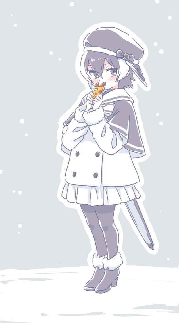 1girl adapted_costume beret bird_tail bird_wings black_capelet black_hair blush boots bow bowtie capelet cellphone coat commentary_request covering_mouth full_body fur_trim hat hat_bow head_wings high_heel_boots high_heels japanese_wagtail_(kemono_friends)_(mitsumoto_jouji) kemono_friends long_sleeves mitsumoto_jouji multicolored_hair original pantyhose phone pleated_skirt sailor_collar short_hair skirt smartphone snow white_background wings winter_clothes