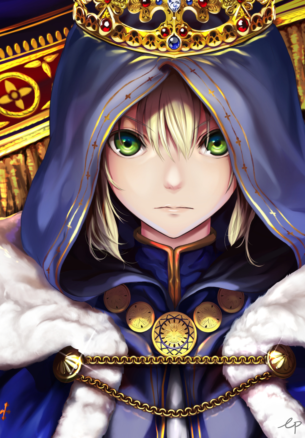 1girl alternate_costume artoria_pendragon_(all) blonde_hair blue_hoodie capelet cloak commentary_request crown ep_(emio_parn) eyebrows_visible_through_hair face fate/stay_night fate_(series) fur_trim gold green_eyes hair_between_eyes highres hood hood_up jewelry long_sleeves looking_at_viewer necklace saber short_hair signature sitting solo wide_sleeves