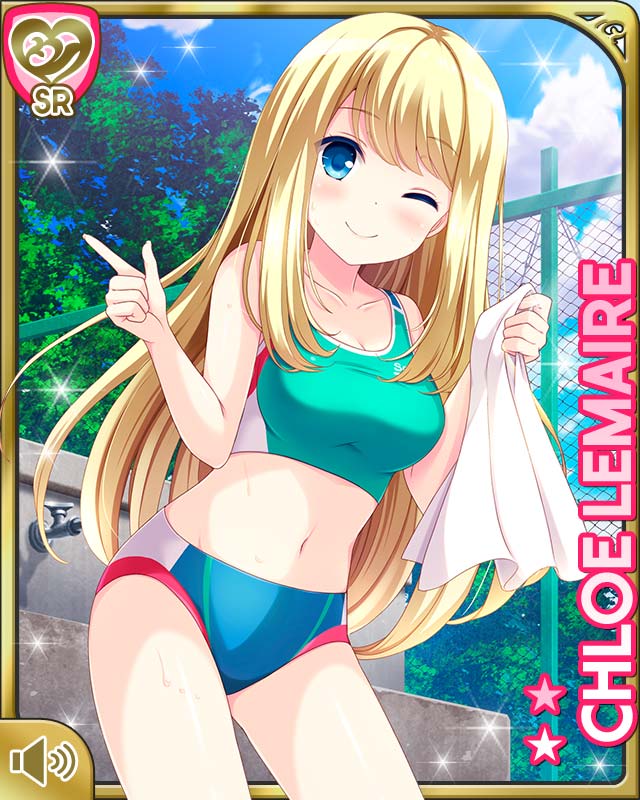 1girl arm_up armpits bikini blonde_hair blue_eyes breasts buruma chain-link_fence character_name chloe_lemaire clouds faucet fence girlfriend_(kari) green_bikini green_buruma green_sports_bra long_hair navel official_art one_eye_closed outdoors pointing qp:flapper sky smile solo sports_bikini sports_bra sportswear swimsuit towel tree