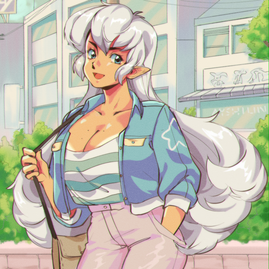 1girl 90s ayshiun bikini_tan blue_eyes breasts casual cleavage commentary cropped_jacket denim elf english_commentary flipped_hair hand_in_hair high-waist_pants jeans large_breasts long_hair looking_at_viewer mole mole_on_breast noko_(ayshiun) oldschool open_mouth original pants pointy_ears silver_hair solo strap striped tan tanline