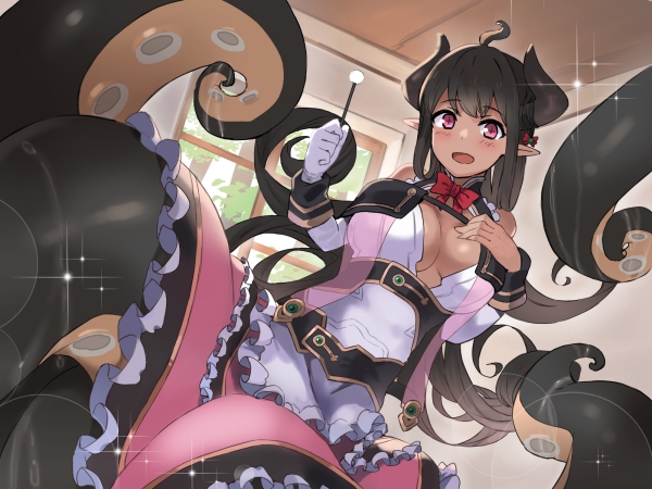 1girl :d ahoge black_hair bow breasts cleavage dark_skin frills ganesagi gloves hair_bow hand_up horns indoors long_hair looking_at_viewer medium_breasts mimikaki monster_girl official_art open_mouth pink_skirt pointy_ears red_bow scylla shutcho_iyashi_senmon-ten_takoizu single_glove skirt smile solo sparkle tentacle turquoise_(crescendo) white_gloves window