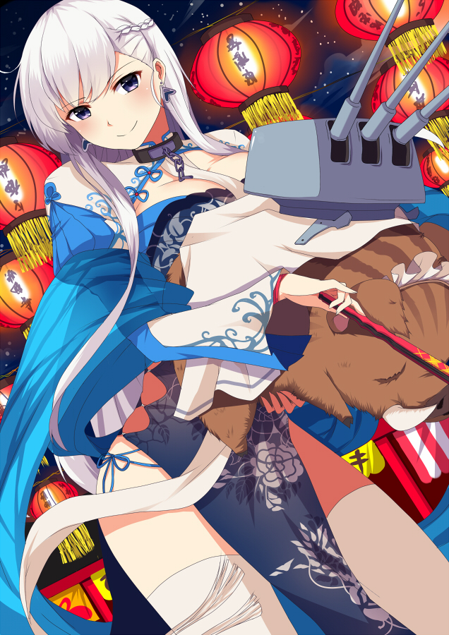 1girl alternate_costume azur_lane bangs belfast_(azur_lane) bima_rahmaa blue_eyes blush boar braid breasts cannon chains china_dress chinese_clothes collar dress earrings eyebrows_visible_through_hair holding holding_hair jewelry lantern_festival large_breasts long_hair looking_at_viewer night outdoors panties parted_lips rigging side-tie_panties sidelocks silver_hair sky smile solo star_(sky) starry_sky thigh-highs underwear white_legwear