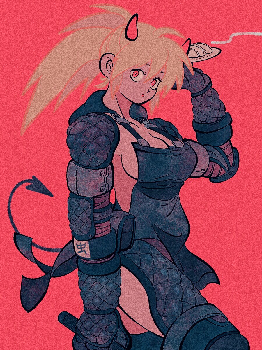 1girl bangs blonde_hair breasts cleavage cowboy_shot dorohedoro dumpling food gloves hair_between_eyes highres horns jiaozi large_breasts long_hair looking_at_viewer nikaidou_(dorohedoro) parted_lips plate ponytail red_background red_eyes red_horns sideboob simple_background solo uzuta