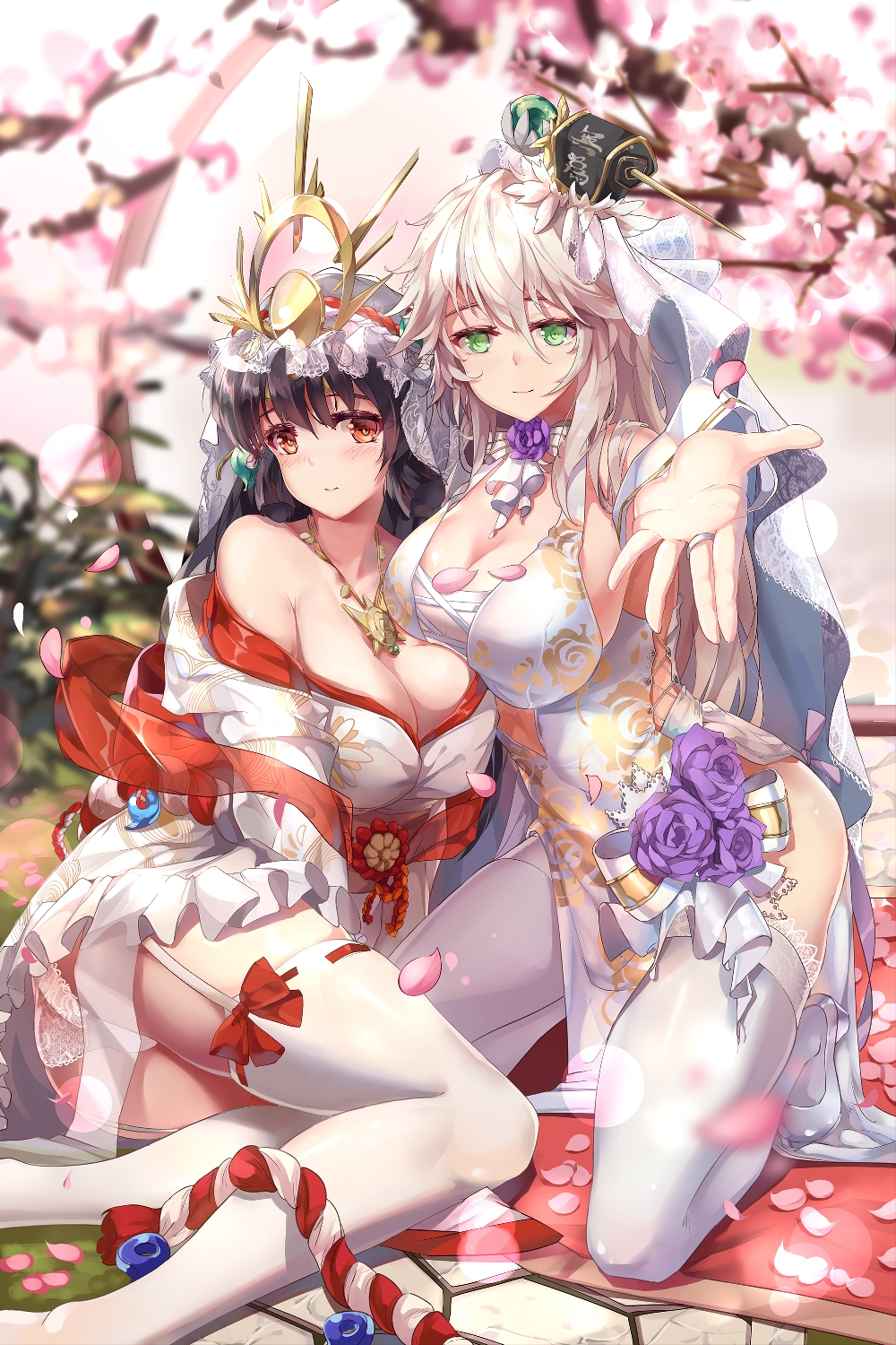 2girls bangs bare_shoulders black_hair blonde_hair blush breast_press breasts brown_eyes cherry_blossoms chinese_commentary cleavage closed_mouth commentary_request copyright_request dress floral_print flower garter_straps green_eyes hair_between_eyes hair_ornament high_heels highres jewelry kneeling lace lace-trimmed_legwear lace-trimmed_panties large_breasts looking_at_viewer multiple_girls necklace off_shoulder outstretched_arm panties pelvic_curtain petals print_dress purple_flower ribbon-trimmed_legwear ribbon_trim ring shawl sitting thigh-highs tree underwear veil wedding_band white_dress white_footwear white_legwear white_panties yokozuwari zombie-andy