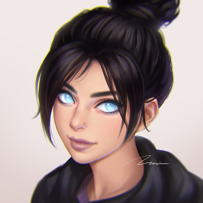 1girl apex_legends bangs black_hair blue_eyes close-up face hair_bun nose_piercing parted_bangs piercing short_hair signature smile solo umigraphics white_background wraith_(apex_legends)