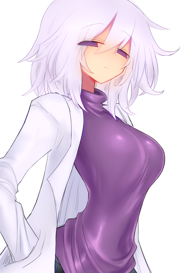 1girl breasts closed_mouth empty_eyes eyebrows_visible_through_hair hand_in_pocket kyuusui_gakari labcoat looking_at_viewer original short_hair smile solo white_background white_hair
