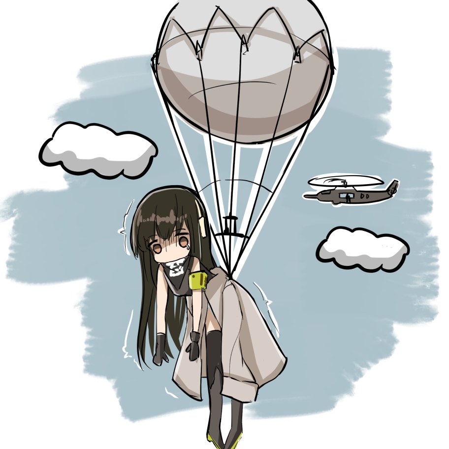 1girl aircraft armband balloon bandanna clothes_around_waist clouds cloudy_sky flying fulton_recovery girls_frontline gloves haguruma_(hagurumali) headphones headphones_around_neck helicopter jacket_around_waist m4a1_(girls_frontline) sky sweatdrop