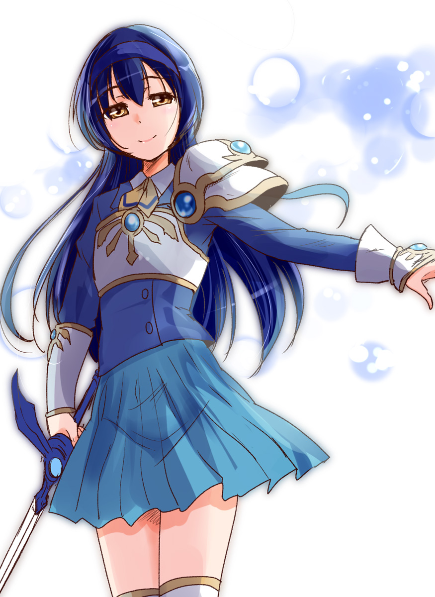 1girl armor bangs birthday blue_hair brown_eyes commentary_request cosplay eyebrows_visible_through_hair hairband highres long_hair long_sleeves looking_at_viewer love_live! love_live!_school_idol_project magic_knight_rayearth miniskirt namesake ryuuzaki_umi ryuuzaki_umi_(cosplay) school_uniform sidelocks skirt solo sonoda_umi sword urutsu_sahari weapon