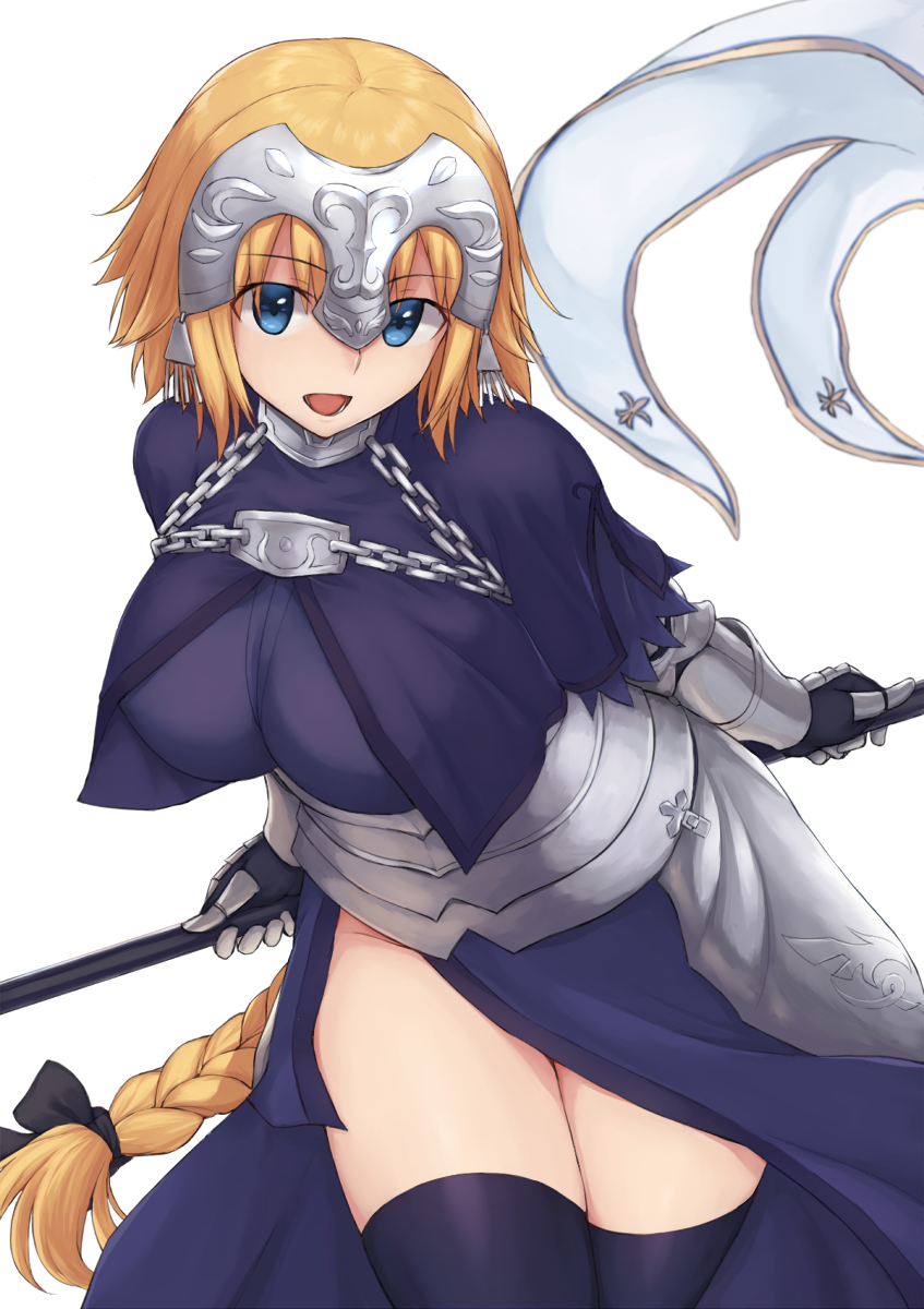 1girl armor black_legwear black_ribbon blonde_hair blue_eyes braid breasts capelet chains cold_(hoshinoskull) commentary_request cowboy_shot eyebrows_visible_through_hair fate/apocrypha fate/grand_order fate_(series) faulds flag gauntlets hair_ribbon headpiece highres jeanne_d'arc_(fate) jeanne_d'arc_(fate)_(all) large_breasts leaning_forward long_braid long_hair open_mouth ribbon simple_background single_braid solo standing thigh-highs thighs tress_ribbon very_long_hair white_background