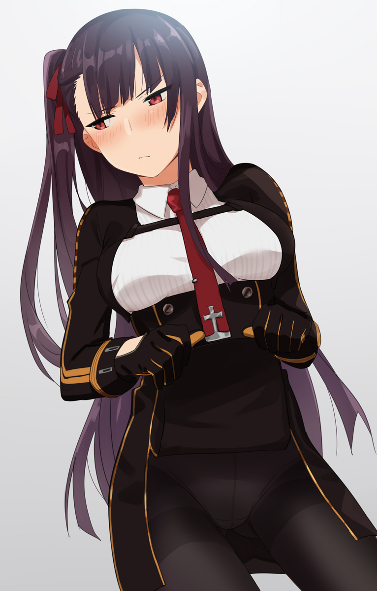 &gt;:( 1girl aumann bangs black_gloves black_legwear black_skirt blush breasts closed_mouth collared_shirt commentary_request cowboy_shot crotch_seam eyebrows_visible_through_hair girls_frontline gloves gluteal_fold hair_ribbon high-waist_skirt highres lifted_by_self long_sleeves looking_at_viewer looking_to_the_side medium_breasts necktie one_side_up panties panties_under_pantyhose pantyhose purple_hair red_eyes red_neckwear red_ribbon ribbon shirt shrug_(clothing) skirt skirt_lift solo striped thighband_pantyhose underwear v-shaped_eyebrows vertical_stripes wa2000_(girls_frontline) white_shirt