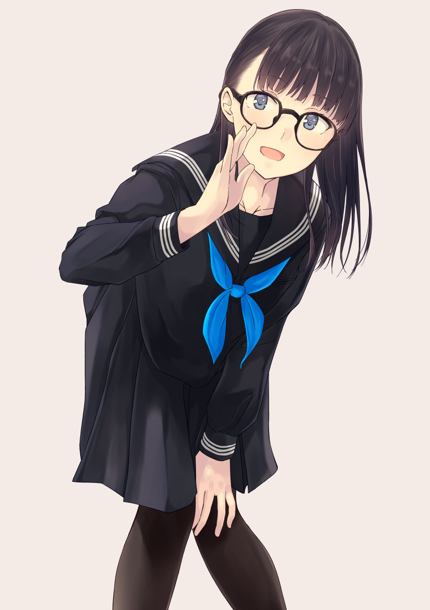 1girl :d black-framed_eyewear black_sailor_collar black_serafuku black_shirt black_skirt blue_eyes blue_neckwear blush brown_background brown_hair brown_legwear collarbone commentary_request glasses hand_on_leg hand_to_own_mouth hand_up highres hiwatari_rin leaning_forward long_hair long_sleeves looking_at_viewer neckerchief open_mouth original pantyhose pleated_skirt sailor_collar school_uniform serafuku shirt simple_background skirt smile solo