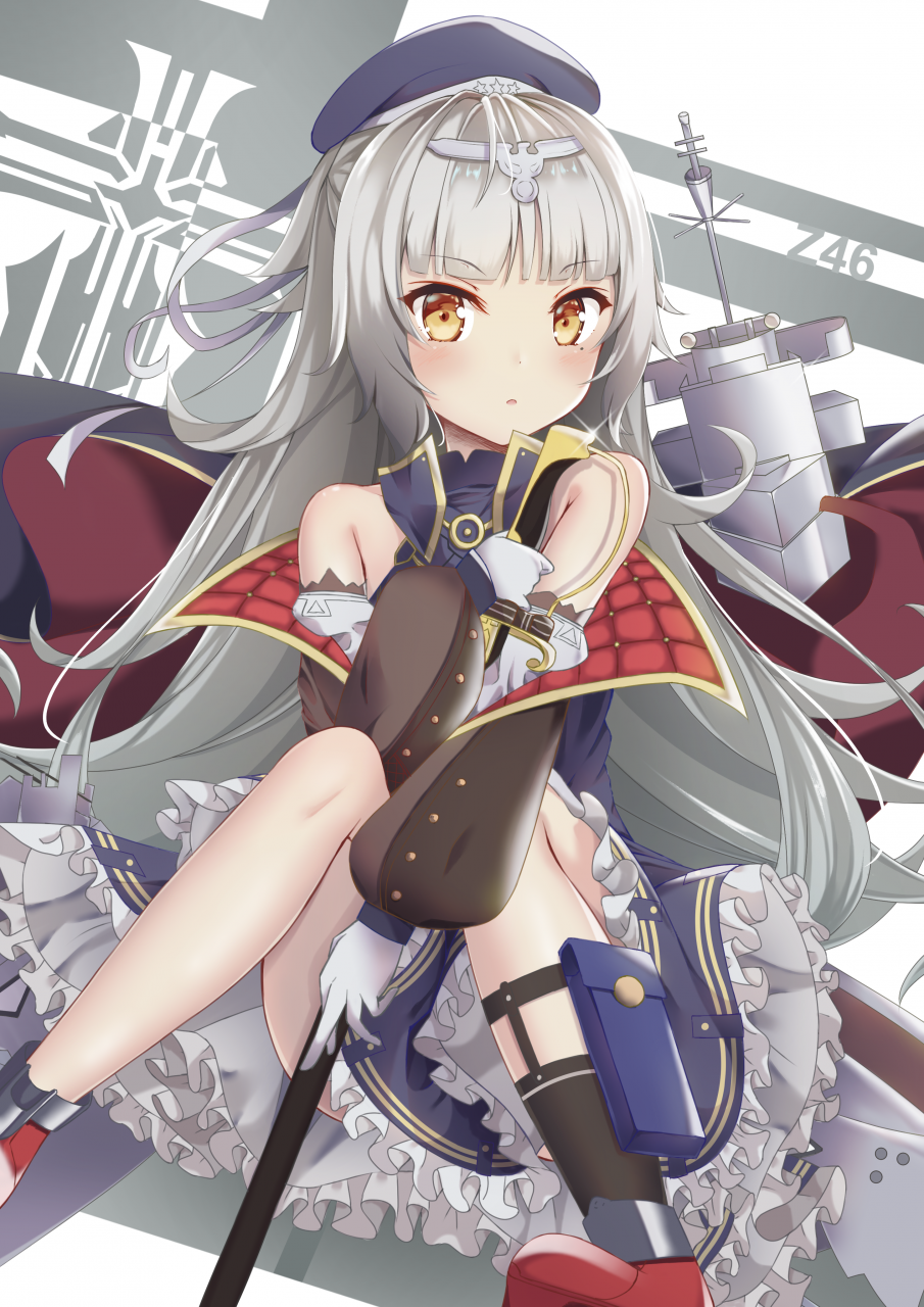1girl azur_lane bangs bare_shoulders blunt_bangs blush character_name commentary_request detached_sleeves eyebrows_visible_through_hair frilled_skirt frills gloves hat headpiece highres holding holding_sword holding_weapon loli_ta1582 long_hair looking_at_viewer mole mole_under_eye partial_commentary puffy_sleeves sheath sheathed silver_hair sitting skirt socks solo sword very_long_hair weapon white_gloves yellow_eyes z46_(azur_lane)